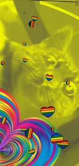 Vibrant yellow cat with colorful heart patterns on a mobile wallpaper.