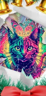 Colorful psychedelic cat with holiday decorations.