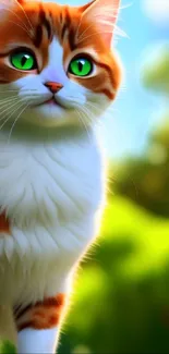 Orange cat with green eyes against a bright green background.