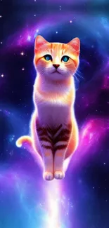 Vibrant cat floating in a cosmic space background wallpaper.