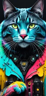 A colorful cyberpunk cat with vibrant splashes on a dark background.