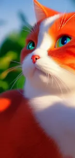 Vibrant orange and white cat in a lush natural setting.