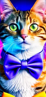 Vibrant cat with neon bow ties and colorful bokeh lights.