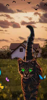 Cat with green eyes walks through a sunset field with butterflies.