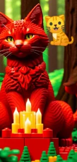 Red LEGO cat with candles in a forest scene.