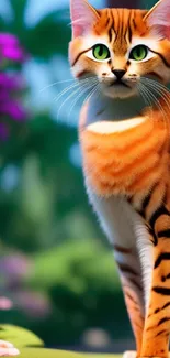 Vibrant cat sitting amid lush green foliage and colorful flowers.