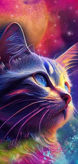 Vibrant neon cat illustration on cosmic background.