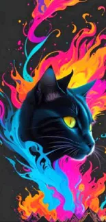 Vibrant neon cat with colorful flames wallpaper.