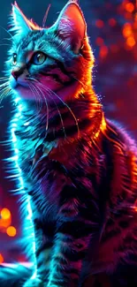 Neon-lit cat with vibrant colors in a dramatic pose.