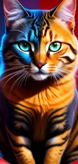 Vibrant orange and blue neon cat wallpaper with digital design.