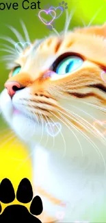 A colorful close-up of a curious cat with bright eyes and a vibrant yellow-green background.