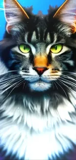 Vibrant cat with green eyes on a colorful gradient background.