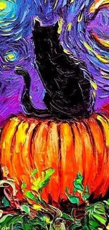 Black cat on pumpkin under starry sky with vibrant colors.