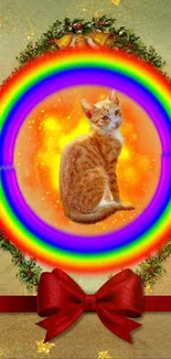 Colorful design with a cat and rainbow surrounded by festive decor.