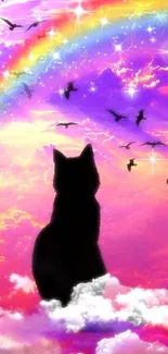 Silhouette of a cat with a rainbow in a vibrant sky filled with birds.