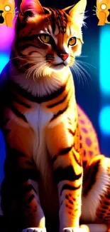 Vibrant cat with neon lights background.