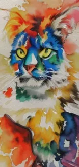 Colorful watercolor cat portrait with vibrant hues.