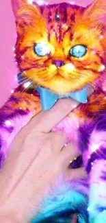 Colorful cat with bowtie on pink background.