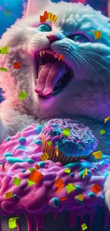 Playful cat with pink cupcake in vibrant mobile wallpaper.