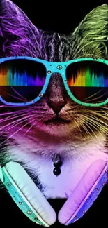 Colorful cat wearing sunglasses and headphones on a black background.