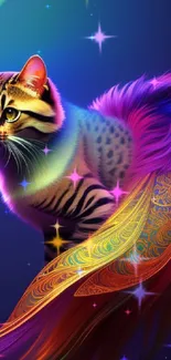 Vibrant cat with a colorful ornate tail on a blue background.