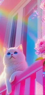 Fluffy white cat with rainbow colors on a pink background