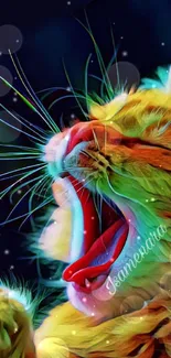 Artistic image of a yawning cat in vibrant colors.