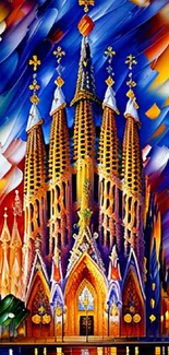 Colorful cathedral art wallpaper with vibrant blue and orange brush strokes.