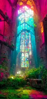 Fantasy cathedral with neon colors and lush greenery.