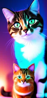 Colorful neon wallpaper with two cats, glowing eyes, vibrant hues.