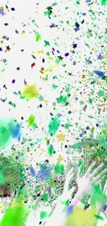 Vibrant confetti and hands reaching up in a festive wallpaper.