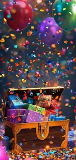 Open treasure chest with gifts and colorful balloons.