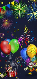 Vibrant celebration wallpaper with fireworks and balloons.