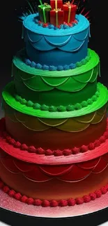 Colorful tiered cake with candles in vibrant hues on a festive platter.