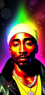 Vibrant digital art of celebrity in neon colors.