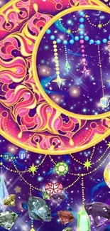 Decorative crescent moon with jewels and stars on a purple backdrop.