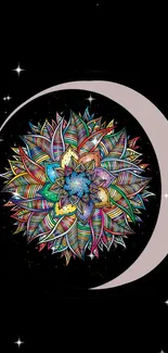 Colorful mandala on black background with crescent moon and stars.