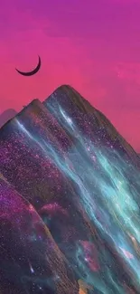 Surreal mountain with pink sky and crescent moon.