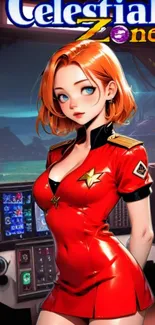 Anime character in red futuristic attire inside a cockpit.