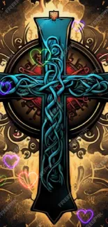 Vibrant Celtic cross wallpaper with colorful hearts and intricate designs.