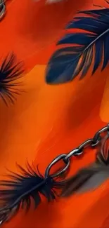Abstract wallpaper with orange background, chains, and feathers.