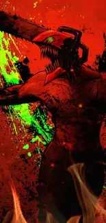 Chainsaw figure on a vibrant red background with green splatter.