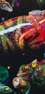 Vibrant chameleon and butterflies wallpaper for mobile.