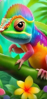 Vibrant chameleon in tropical setting with colorful hues and floral accents.