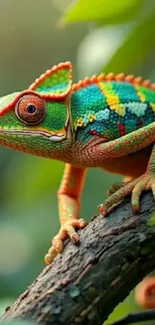 A vibrant chameleon perched on a branch amid lush green foliage.