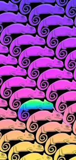 Vibrant chameleon pattern wallpaper with magenta hues and a standout blue chameleon.