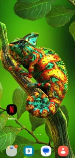 A vibrant chameleon resting on a green leafy branch.