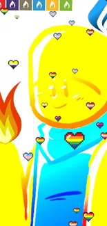 Cheerful yellow character with blue flame in digital art.