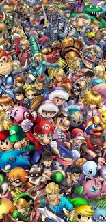 Colorful collage of video game characters on a mobile wallpaper.