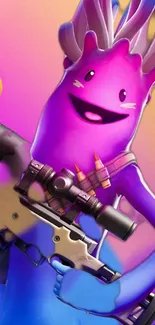 Vibrant purple gaming character with a colorful background.